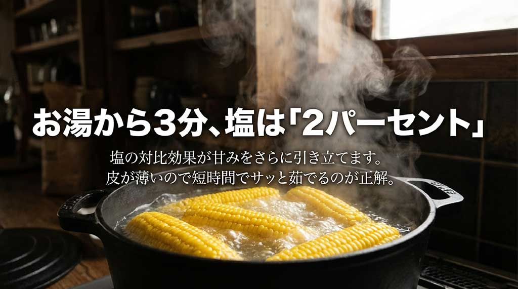 塩分濃度2%のお湯で3分間サッと茹でる、ゴールドラッシュの美味しい茹で方
