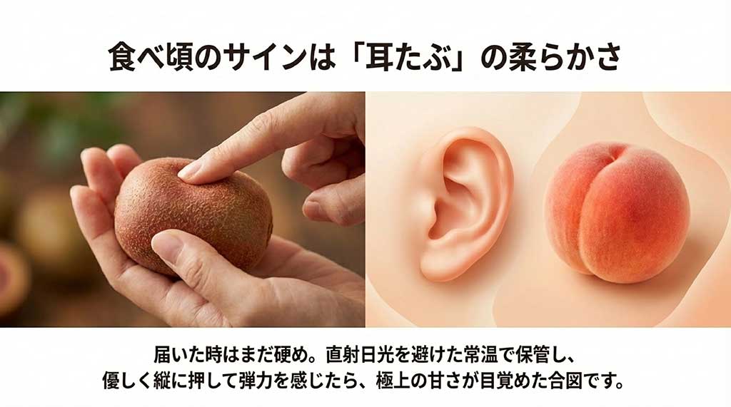 キウイを縦に優しく押して弾力を確認する様子。耳たぶほどの柔らかさが食べ頃の合図