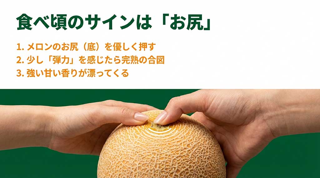 メロンのお尻の弾力、甘い香り、ツルの状態など完熟を見極めるポイントの解説