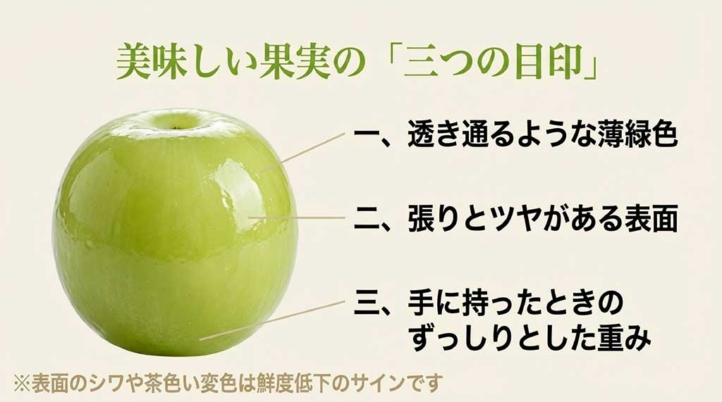 透き通る薄緑色、ツヤ、重みの3つの選別ポイントをまとめたスライド
