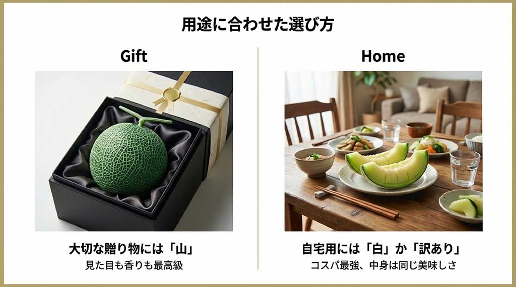 贈答品としての高級な「山」等級と、自宅でコスパ良く楽しめる「白」等級の利用シーンの比較画像