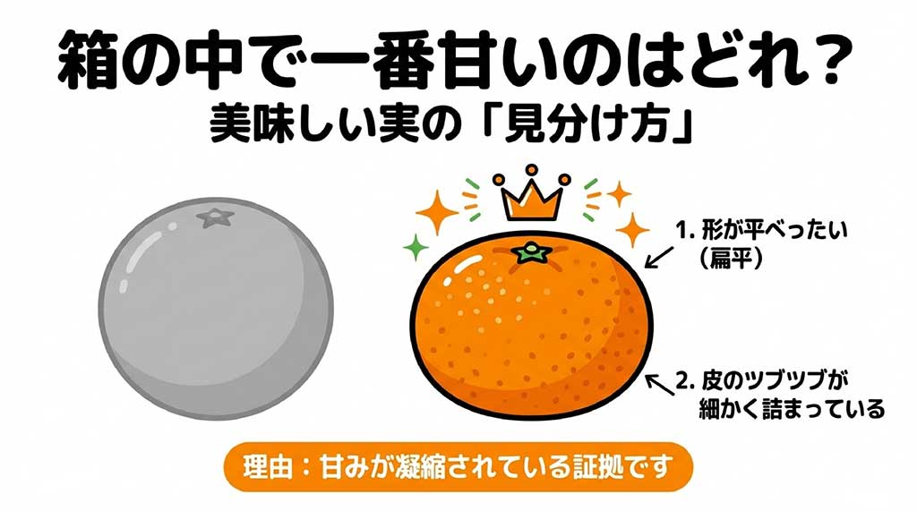 形が平べったく、皮のツブツブ（油胞）が細かく詰まっている美味しいみかんの見分け方の解説