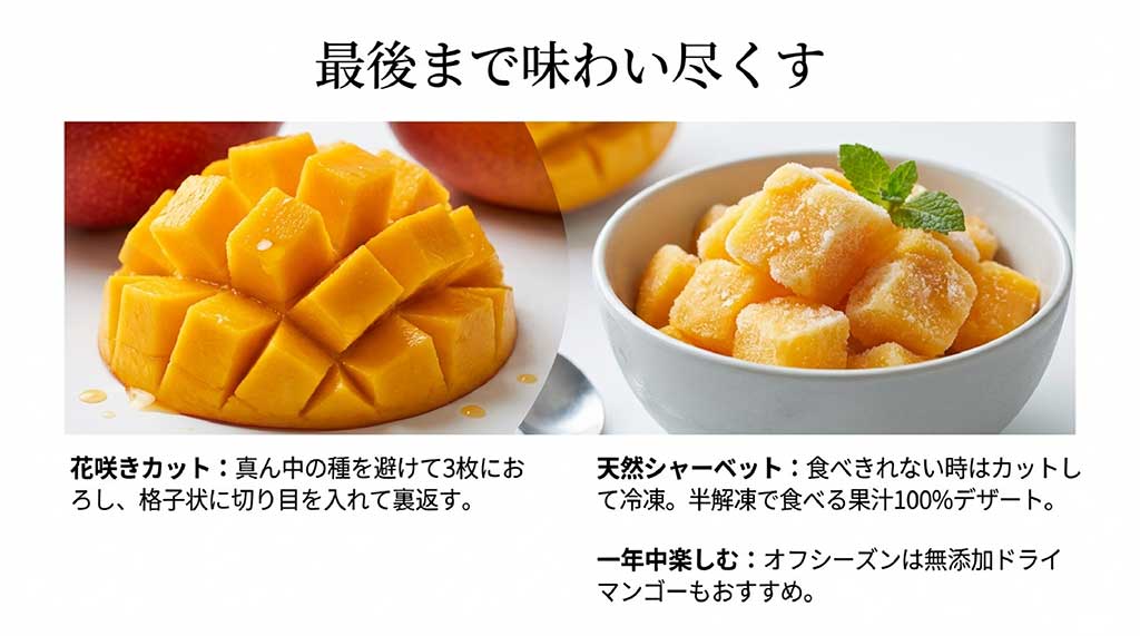 3枚おろしからの花咲きカットの方法や、冷凍して天然シャーベットにする楽しみ方を提案するスライド