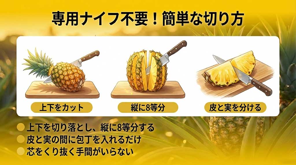 上下をカットし、縦に8等分してから皮と実を分ける簡単な切り方のイラスト解説