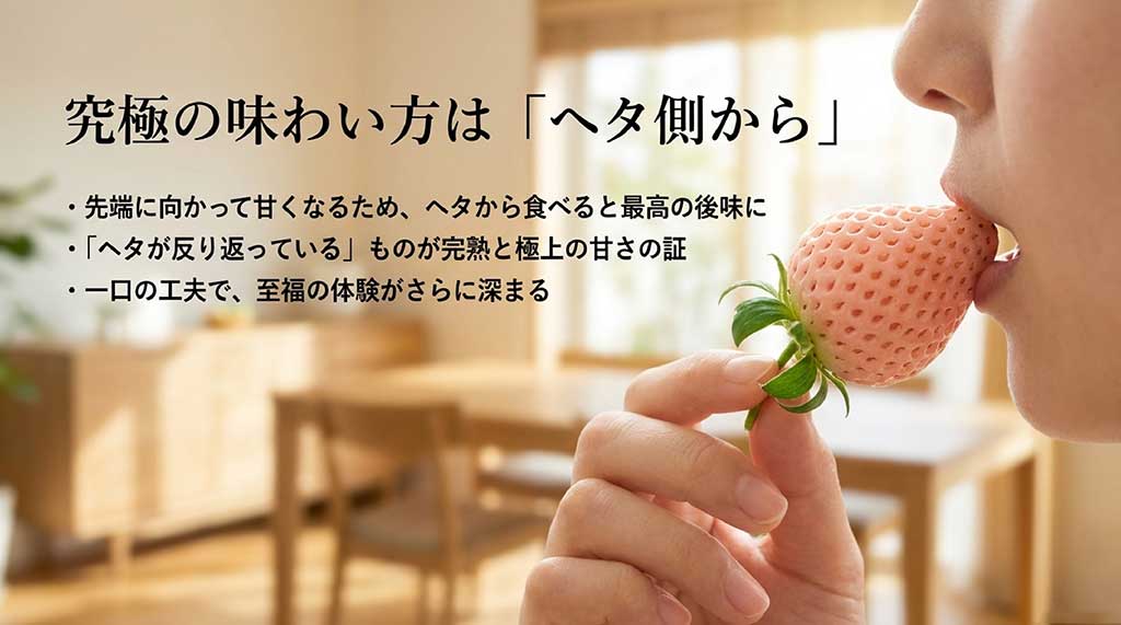 先端ほど甘いためヘタ側から食べると最後が甘く、ヘタの反り返りが完熟の証