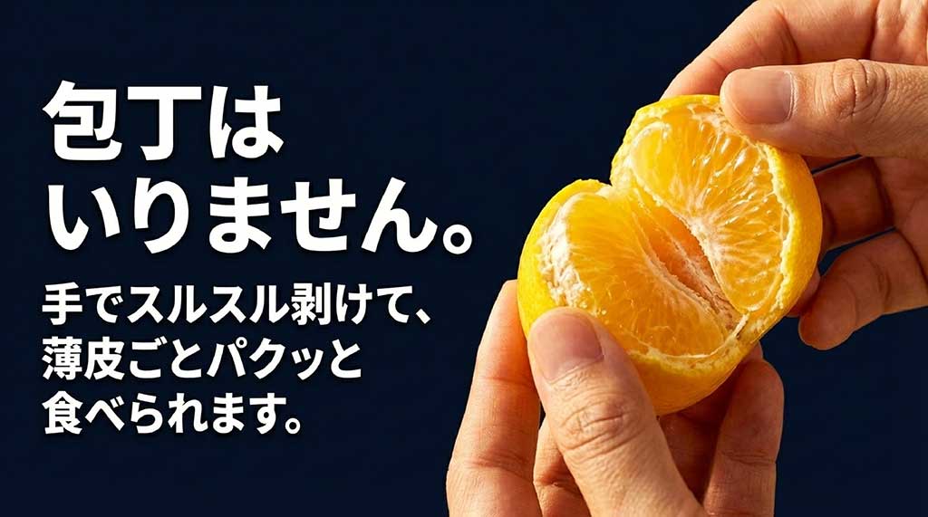 包丁いらずで手でスルスル剥けて薄皮ごと食べられることを説明するスライド