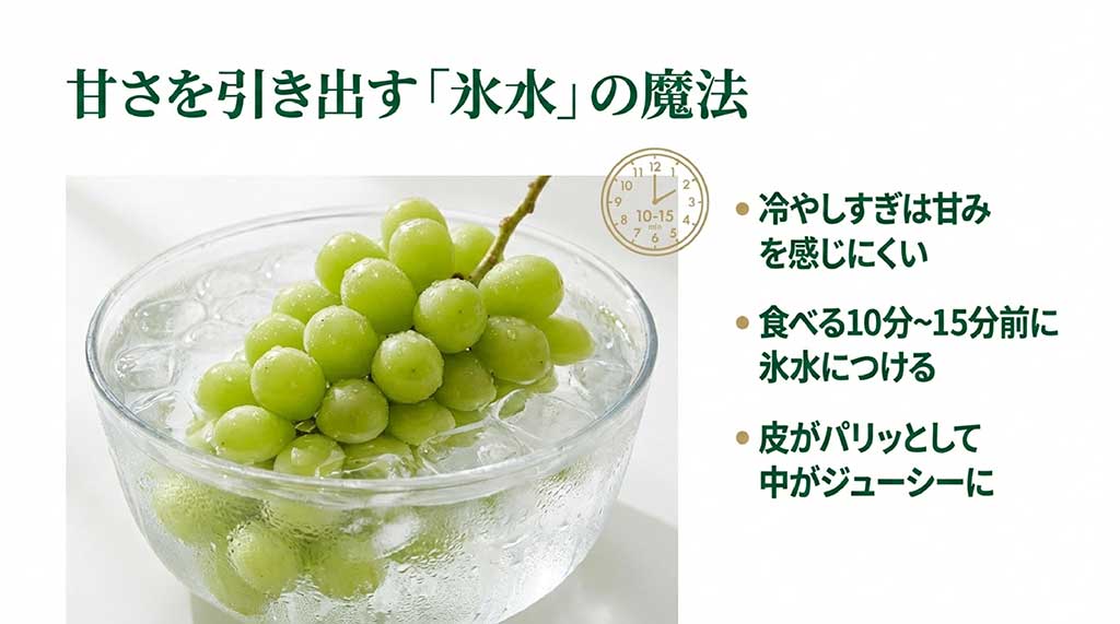 食べる10〜15分前に氷水に浸けることで、皮がパリッとして甘みが引き立つ食べ方の紹介