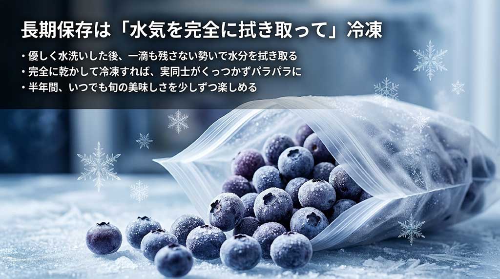 水気を完全に拭き取ってから冷凍することで、実同士がくっつかずパラパラに保存でき、半年間楽しめる方法の解説