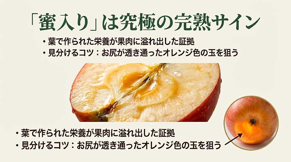 リンゴの断面の蜜と、見分けるコツである「おしりが透き通ったオレンジ色の玉」を指し示す図解スライド