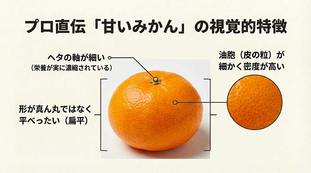 ヘタの軸が細い、油胞が細かい、形が扁平など、美味しいみかんを見分けるポイントの解説