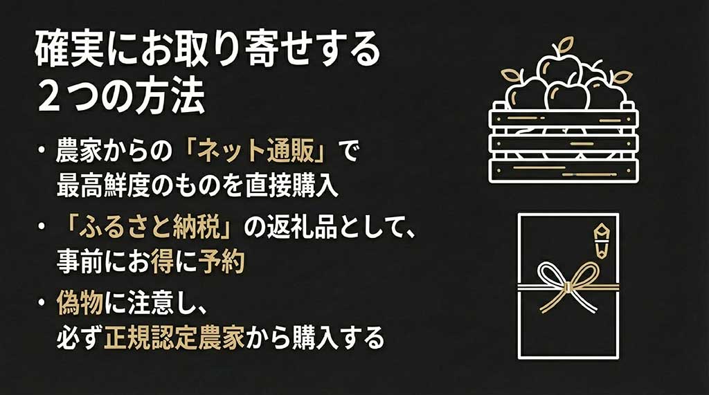 農家からのネット通販と、ふるさと納税の返礼品として正規認定農家から購入することを推奨するスライド
