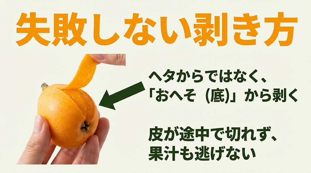 失敗しないびわの剥き方:ヘタではなく「おへそ」から剥く手順