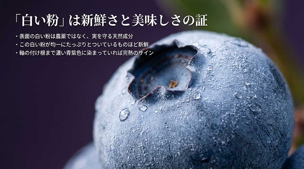 新鮮さの証である白い粉「ブルーム」と、完熟のサインである軸の付け根の色味についての解説図