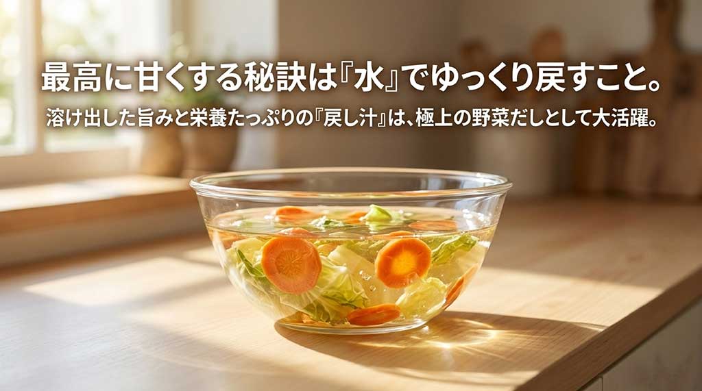 水でゆっくり戻すことで甘みを引き出し、戻し汁を野菜だしとして活用するコツ