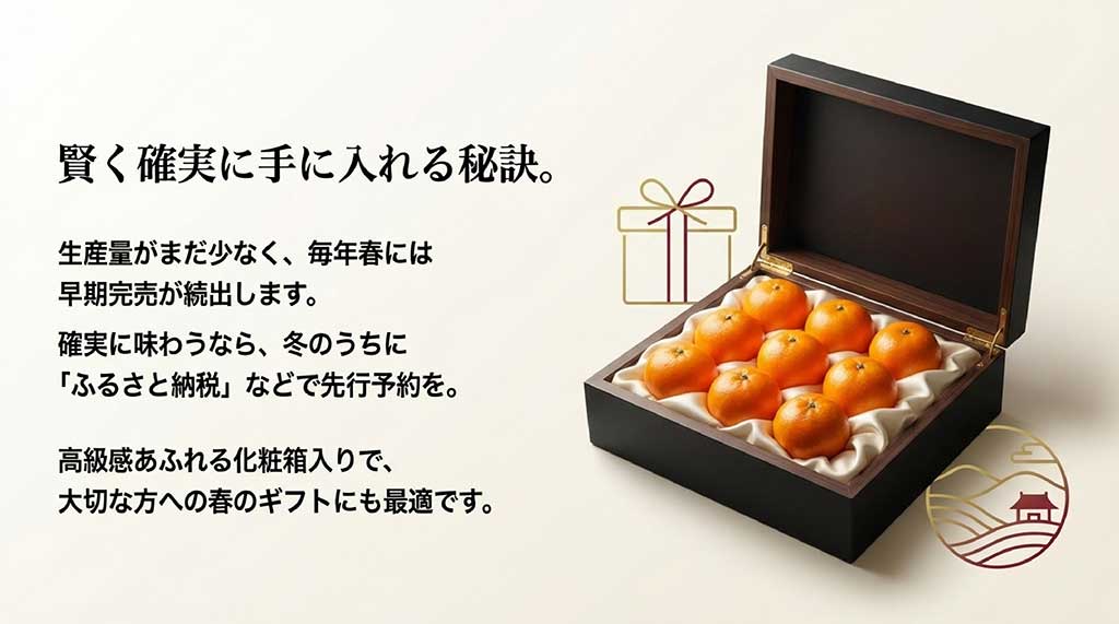 生産量が少なく早期完売するため、冬の間にふるさと納税などで予約することを推奨する案内