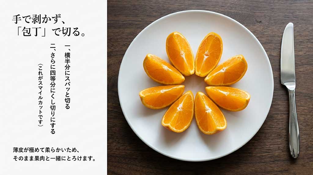 清見タンゴールを横半分に切り、さらにくし切りにするスマイルカットの手順図解