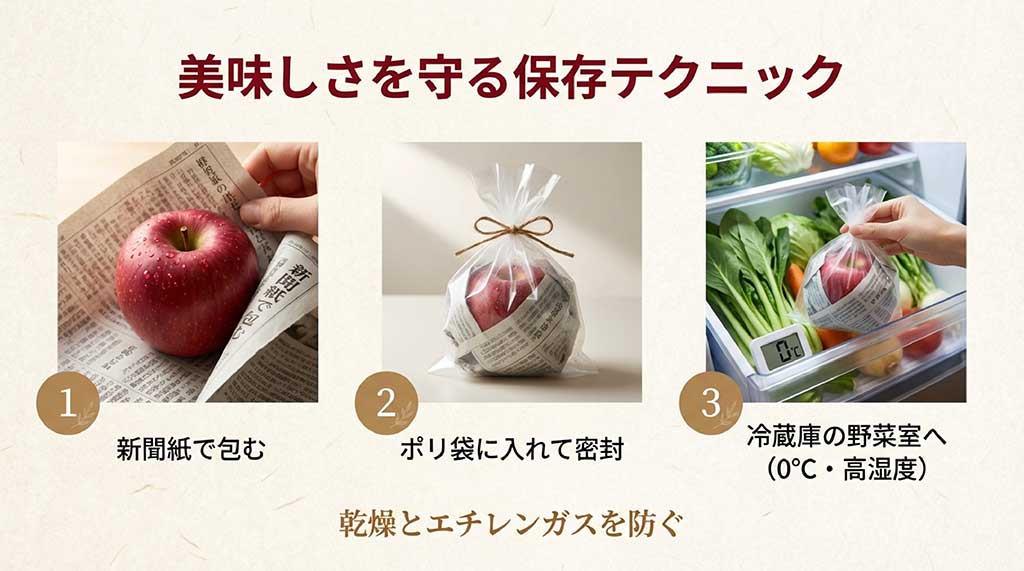 りんごを新聞紙で包み、ポリ袋に入れて密封し、冷蔵庫の野菜室で保存する3ステップの解説画像。乾燥とエチレンガスを防ぐ効果を説明している