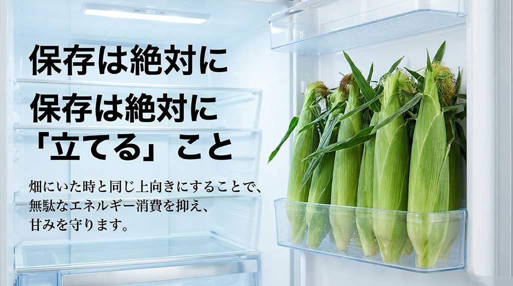 畑にいた時と同じ上向きに立てて保存することで、無駄なエネルギー消費を抑えて甘みを守る方法