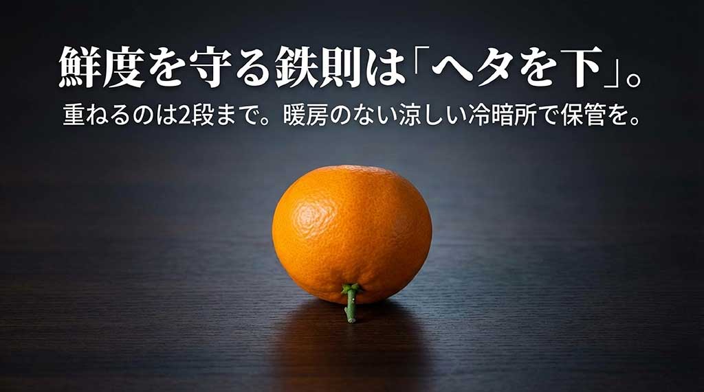 ヘタを下にして2段まで重ね、冷暗所で保管するみかんの鮮度を保つ鉄則を紹介したスライド