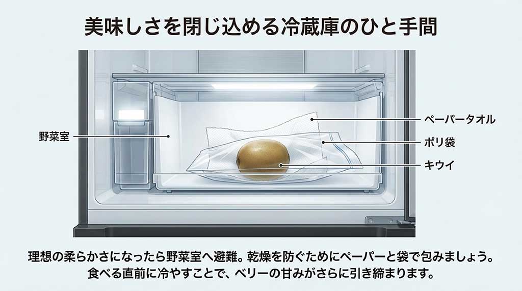 冷蔵庫の野菜室でキウイをペーパータオルとポリ袋で包んで乾燥を防ぐ保存方法のイラスト