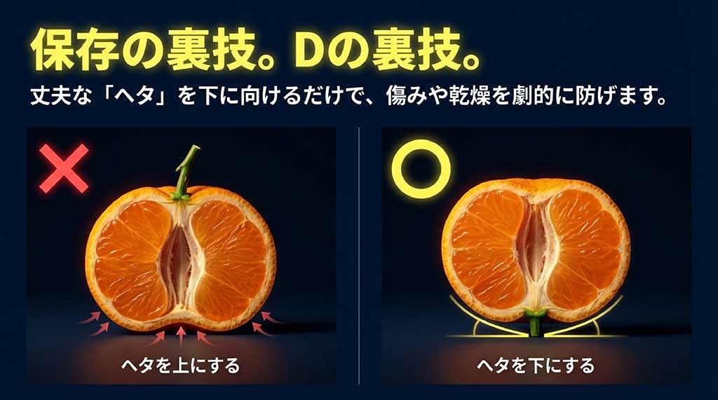 ヘタを上にするのはNG、ヘタを下に向けることで傷みや乾燥を防ぐ保存方法の解説スライド