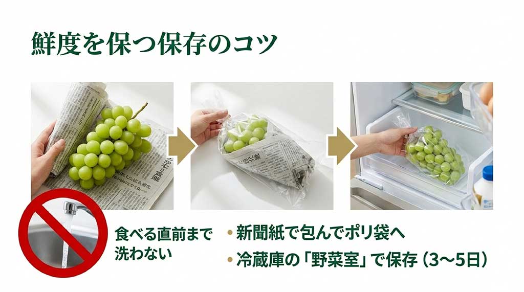 洗わずに新聞紙で包んでポリ袋に入れ、冷蔵庫の野菜室で保存（3〜5日）する方法の解説