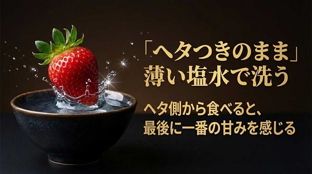 薄い塩水でヘタ付きのまま洗う方法と、甘みを最後に感じるヘタ側からの食べ方