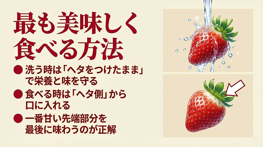 ヘタをつけたまま洗う方法と、ヘタ側から口に入れて一番甘い先端を最後に味わう正しい食べ方の図解