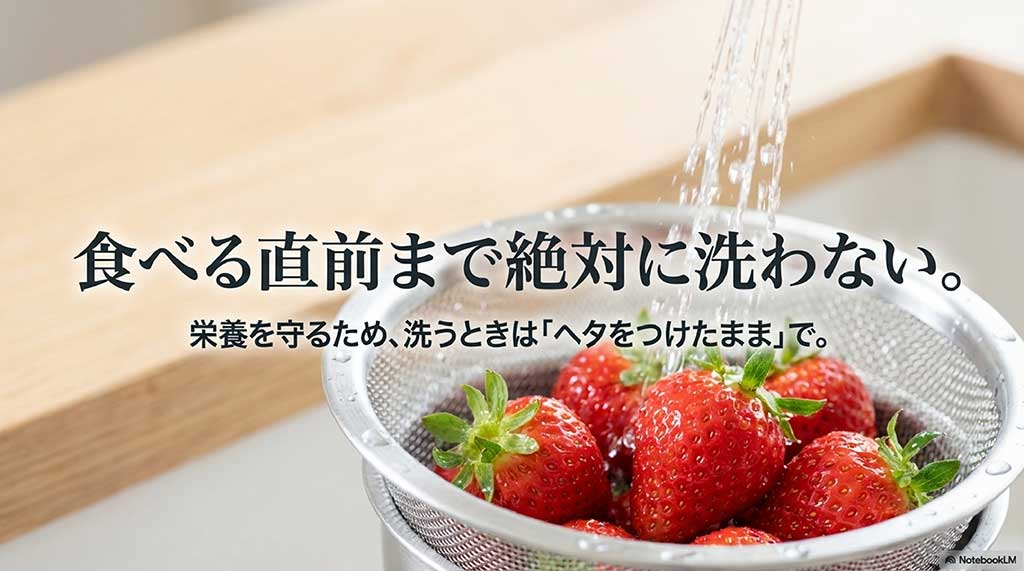 食べる直前まで洗わない、ヘタをつけたまま洗うといういちごの鮮度と栄養を守る洗い方