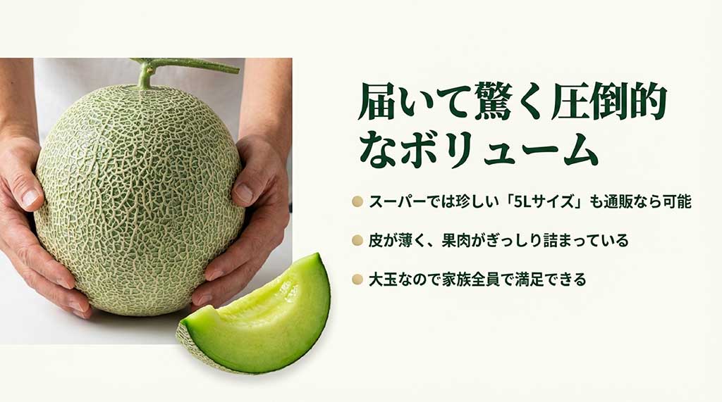 スーパーでは珍しい5Lサイズが通販なら可能で、皮が薄く果肉がぎっしり詰まっていることを説明する画像