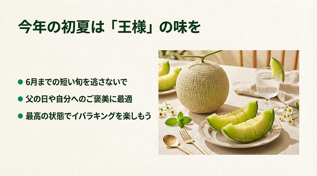 カットされたメロンと丸ごとのメロンが食卓に並んでいる写真に、旬を逃さないよう呼びかけるテキスト