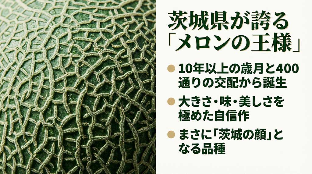 メロンの表面の美しい網目模様のアップ写真と、10年以上の歳月と400通りの交配から誕生したことを説明するテキスト