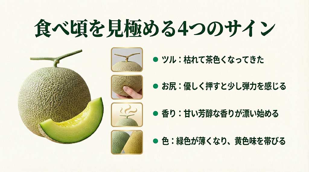 ツルが枯れる、お尻に弾力、芳醇な香り、色の変化という4つの食べ頃サインを説明する画像