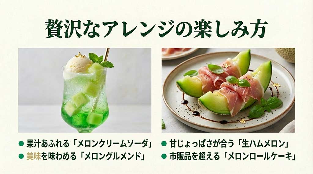 美味しそうな生ハムメロンの写真と、クリームソーダ、ロールケーキなどのアレンジメニューを紹介する画像