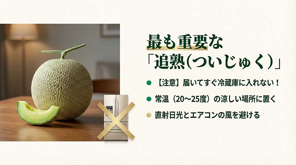 届いてすぐ冷蔵庫に入れない、常温の涼しい場所に置くなど、追熟の正しい方法を解説するスライド