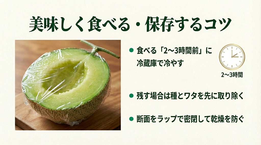 食べる2〜3時間前に冷やす、残す場合は種とワタを取り断面をラップする手順を示す画像