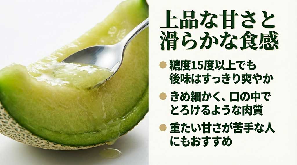 糖度15度以上でも後味すっきり、きめ細かく口の中でとろける肉質であることを解説するスライド