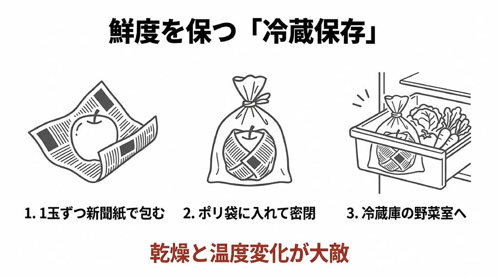 りんごを1玉ずつ新聞紙で包み、ポリ袋で密閉して冷蔵庫の野菜室に入れる保存手順のイラスト