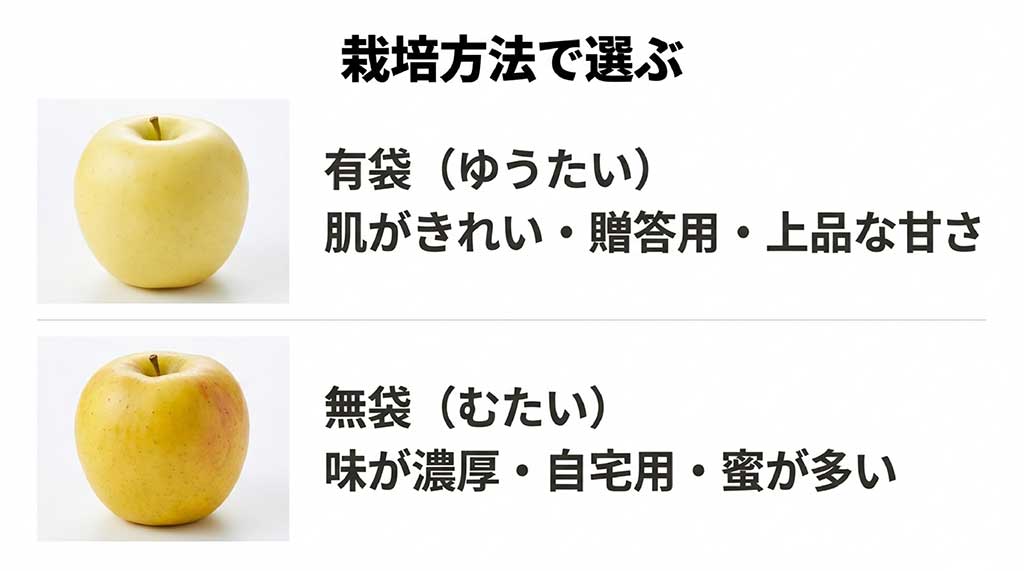 肌が綺麗で上品な甘さの有袋栽培と、味が濃厚で蜜が多い無袋栽培の比較画像