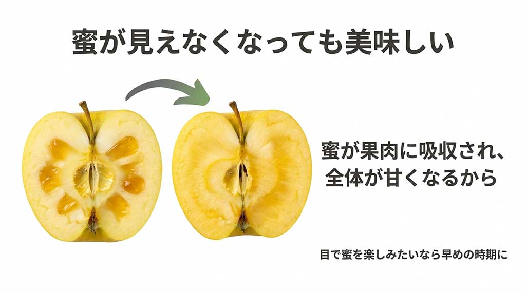 時間経過で蜜が果肉に吸収され、見た目は変わっても全体が甘くなる様子を説明した比較画像