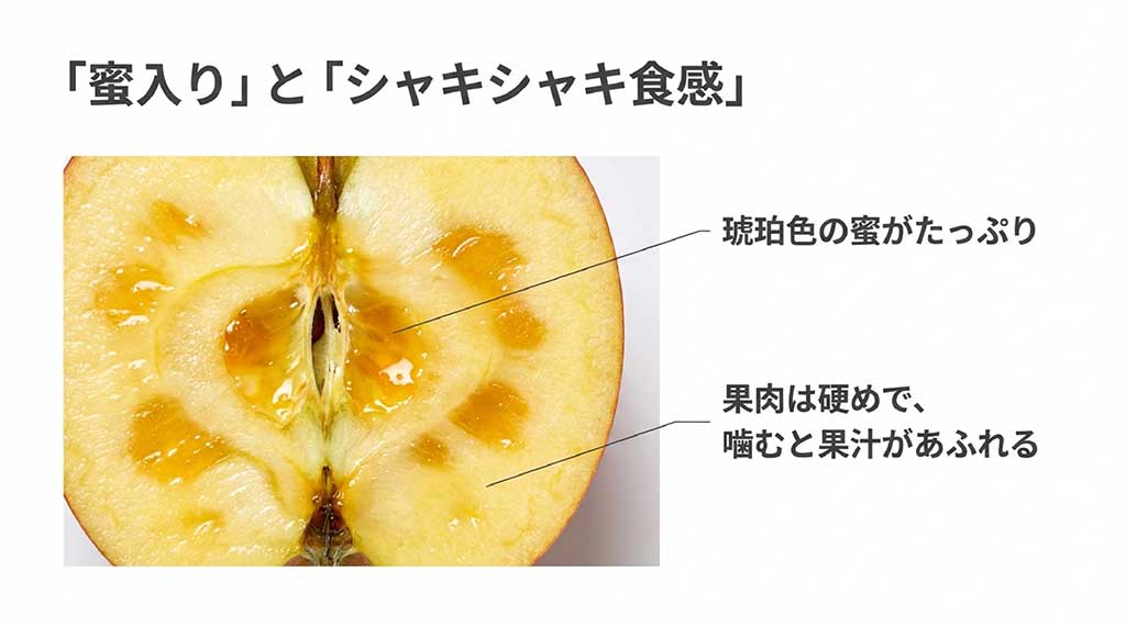 琥珀色の蜜がたっぷり入った純情はるかの断面写真と、硬めでシャキシャキした果肉、溢れる果汁の説明