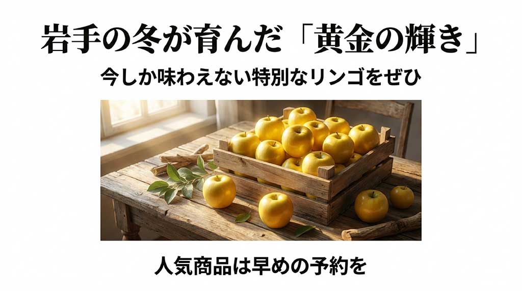 木箱に入った黄金色の純情はるか。人気商品は早めの予約を勧めるイメージ