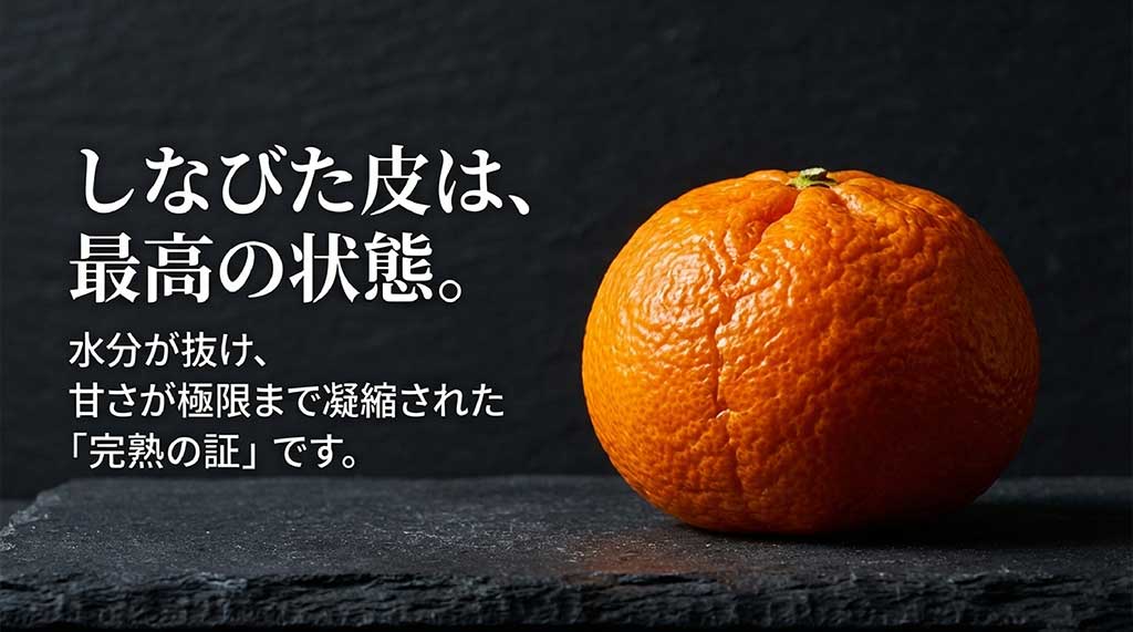 水分が抜け甘さが凝縮された寿太郎みかんのしなびた皮は最高の状態であることを説明する画像