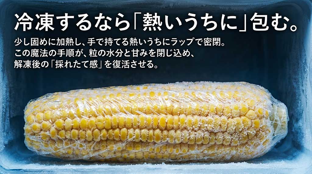 加熱後、熱いうちにラップで密閉して水分と甘みを閉じ込める冷凍保存のコツ