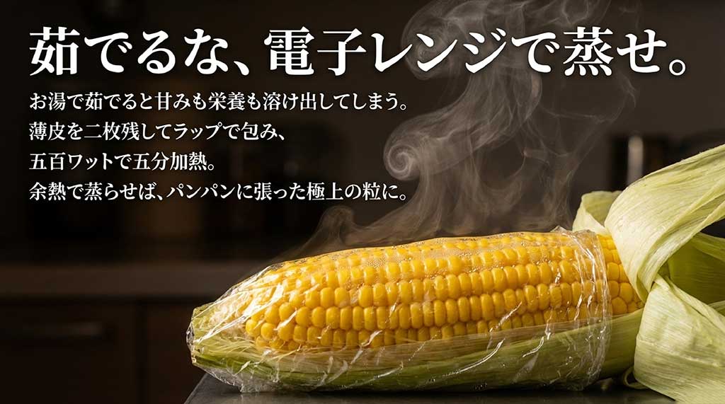 薄皮を残してラップで包み、500Wで5分加熱して余熱で蒸らす調理手順