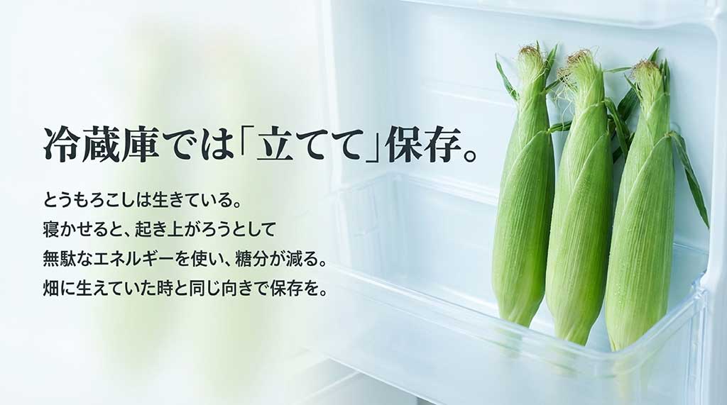 糖分の減少を防ぐため、冷蔵庫で畑と同じ向きに立てて保存する方法の解説