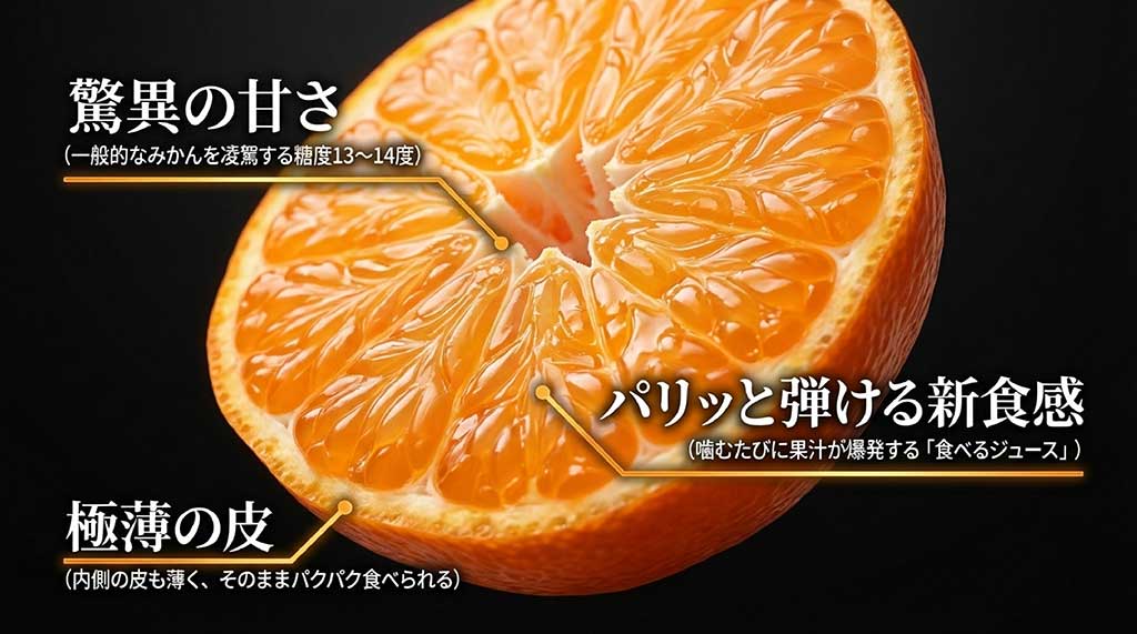 一般的なみかんを凌駕する糖度13〜14度、皮の薄さ、噛むたびに果汁が弾ける新食感など、甘平の魅力をまとめた解説スライド
