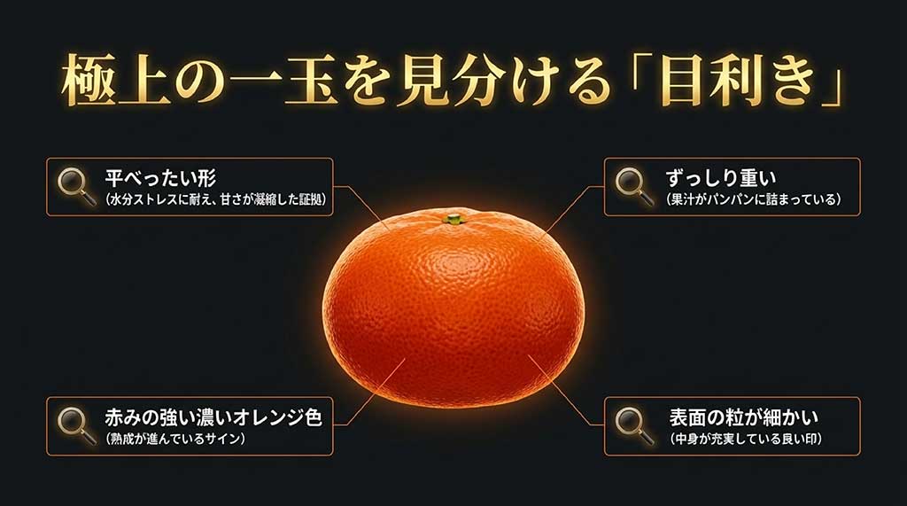 平べったい形、赤みの強い色、ずっしりとした重み、きめ細かい表面など、甘い甘平を見分けるためのコツを解説した画像