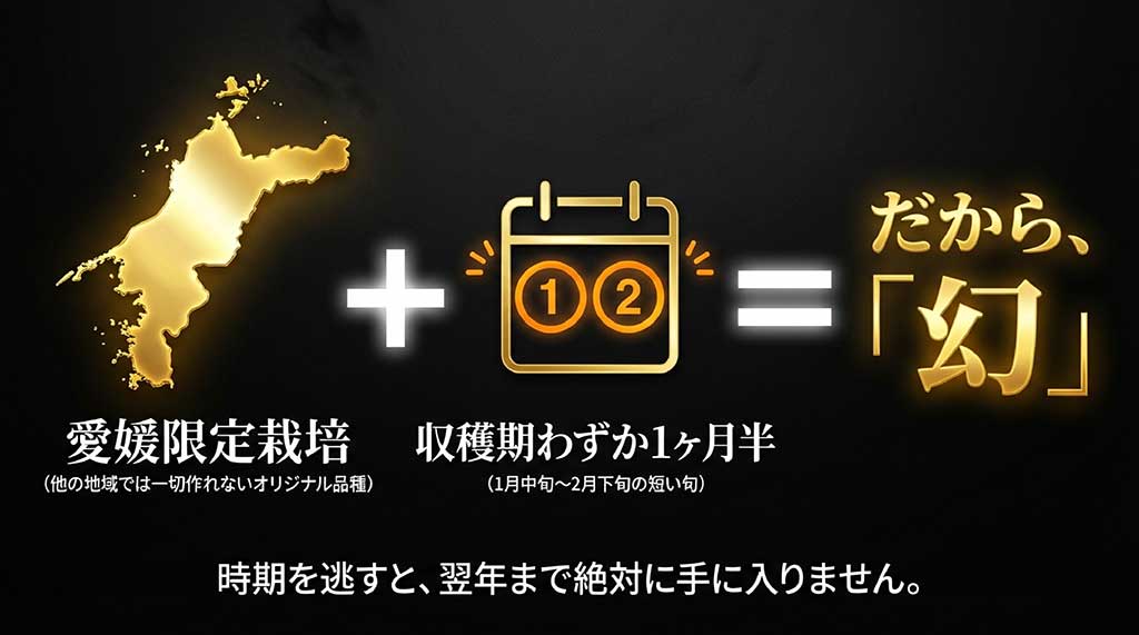 甘平が愛媛県限定栽培であること、収穫期が1月中旬から2月下旬のわずか1ヶ月半と非常に短い「幻の柑橘」であることを説明する画像