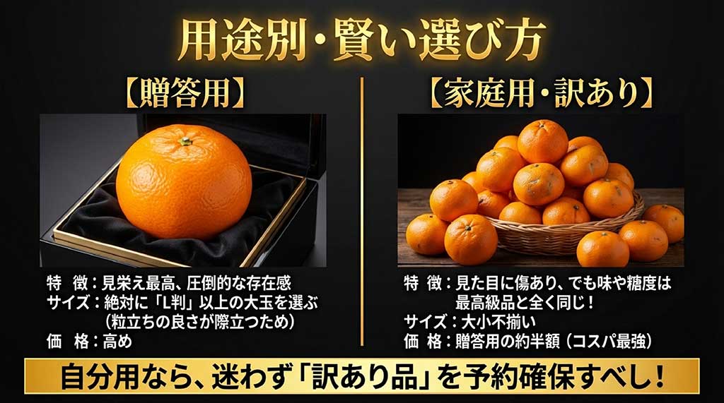 贈答用にはL判以上の大玉を、自宅用にはコスパ最強の訳あり品を推奨する、用途に合わせた甘平の選び方の比較表